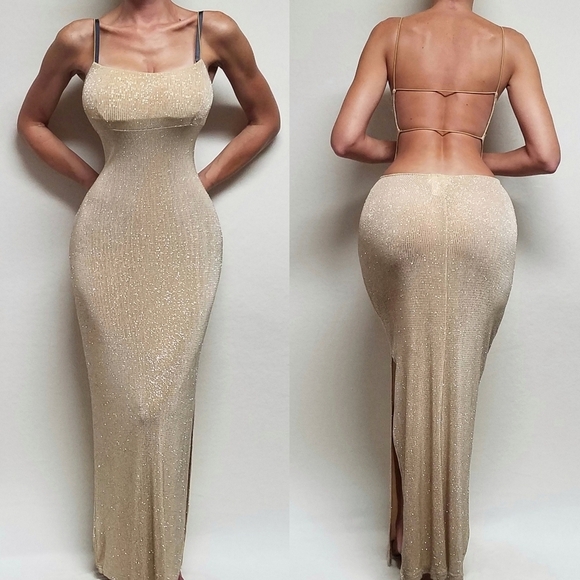 Vintage Dresses & Skirts - 80s Vintage City Triangles Gold Metallic Knit Strappy Backless Slit Maxi Dress M
